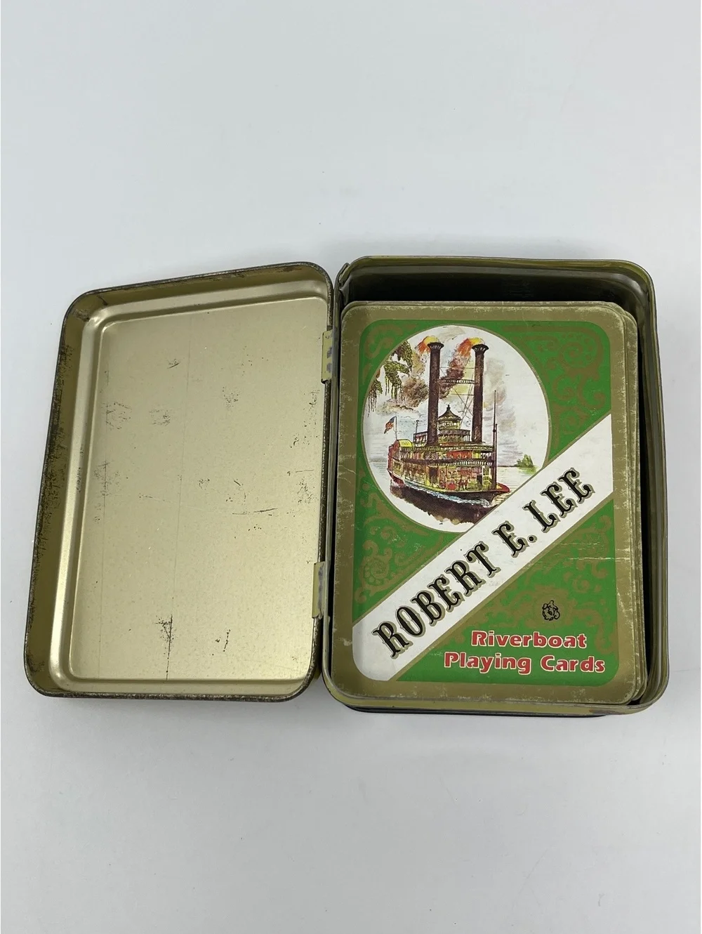 Vintage Robert E Lee Riverboat Playing Cards Deck Tin Case Novelty Trick Cards